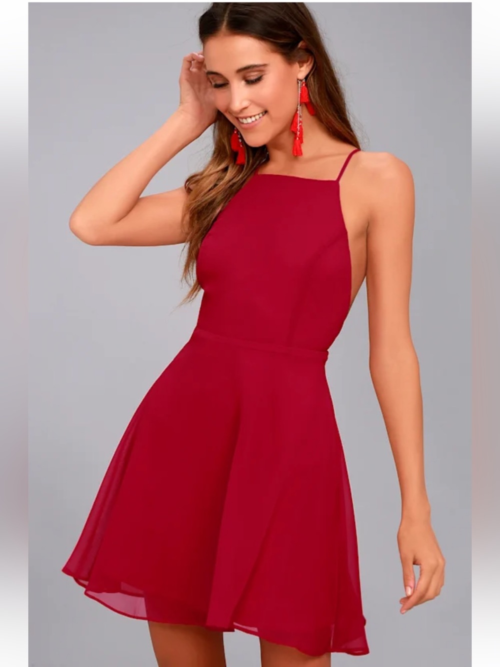 Lulu's Cherry Red Spaghetti-Strap Skater Dress